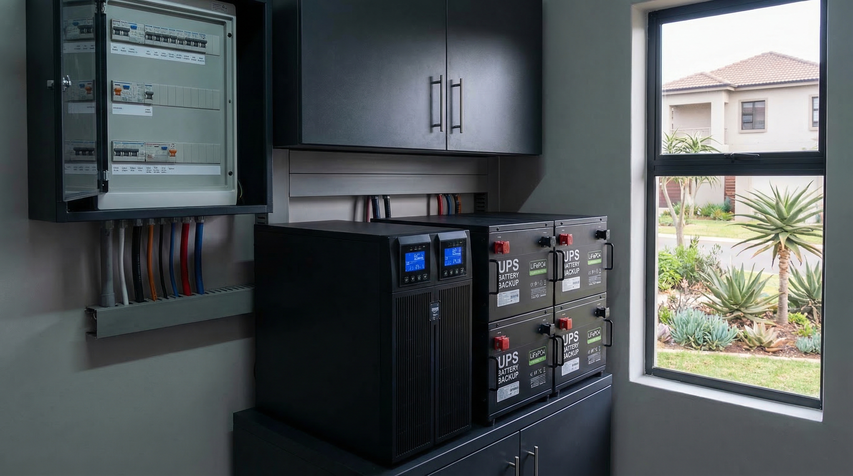 Professional UPS inverter battery backup system installed next to a distribution board in a South African home
