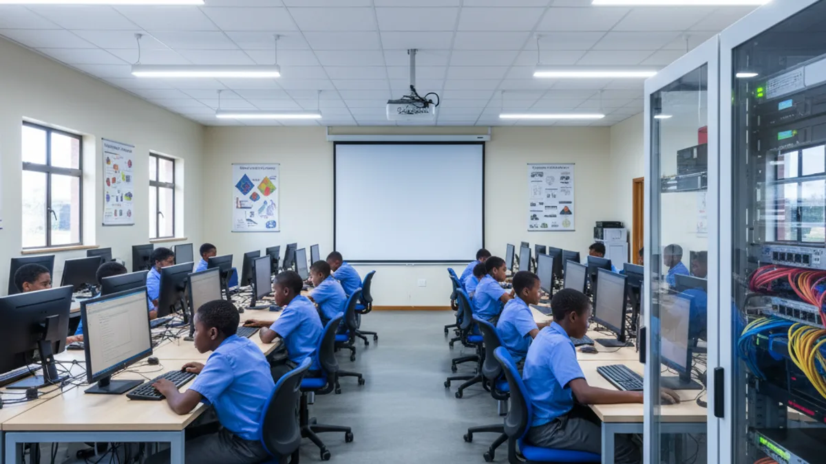 South African school computer lab with students at desktops, ceiling projector, and structured cabling server rack